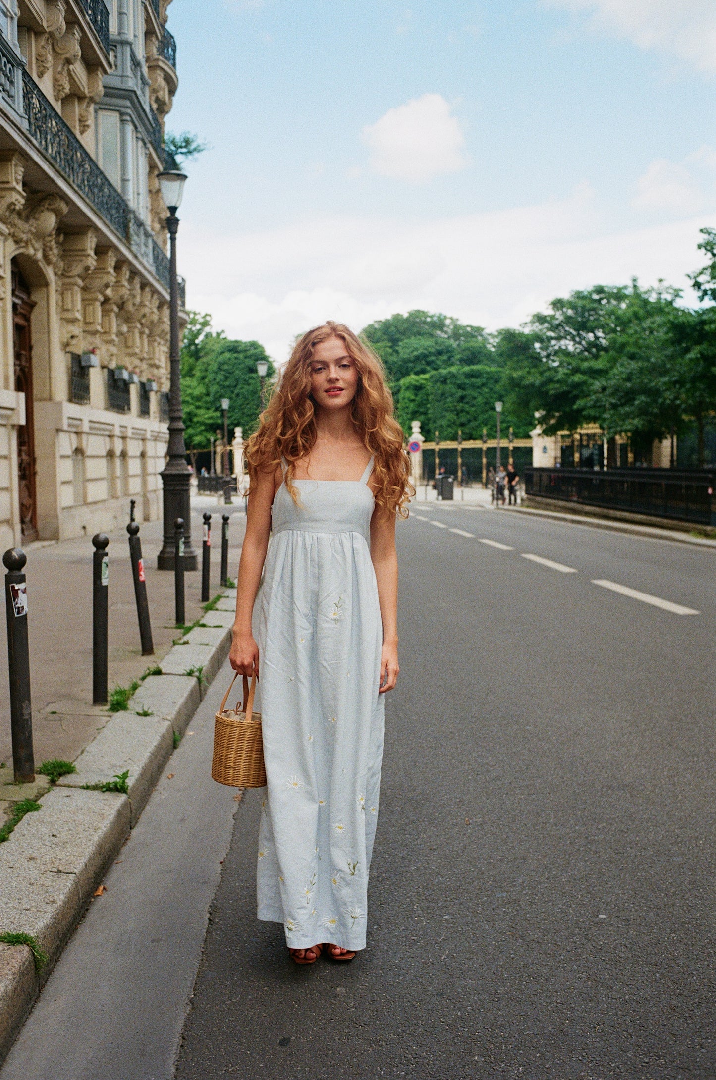 Daisy Embroidered Blue Linen Dress