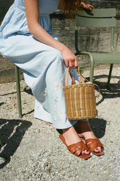 Daisy Embroidered Blue Linen Dress